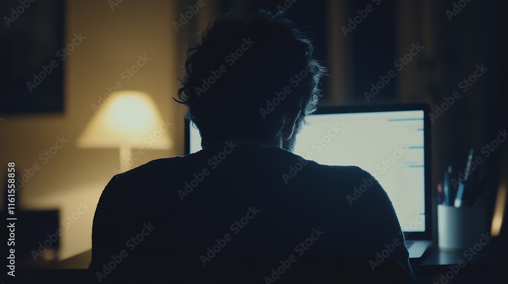 Poster silhouette of man working late at night on computer in dimly lit room : generative ai