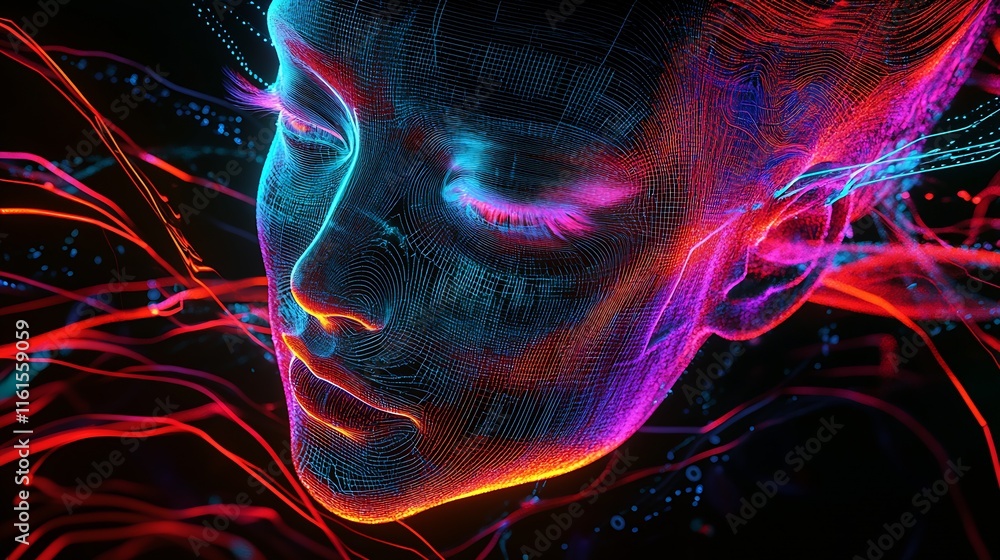 Poster Detailed neon digital face art with vibrant futuristic lines and glowing cyber design : Generative AI