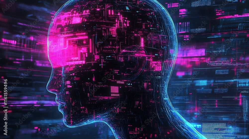Aufkleber abstract cybernetic human face with technological matrix in neon lights : generative ai