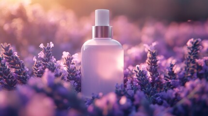 Lavender field with a white cosmetic spray bottle at sunset.