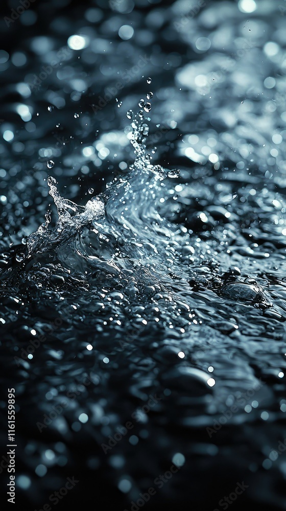 Poster a close-up of water splashing, capturing the dynamic motion and texture of liquid.