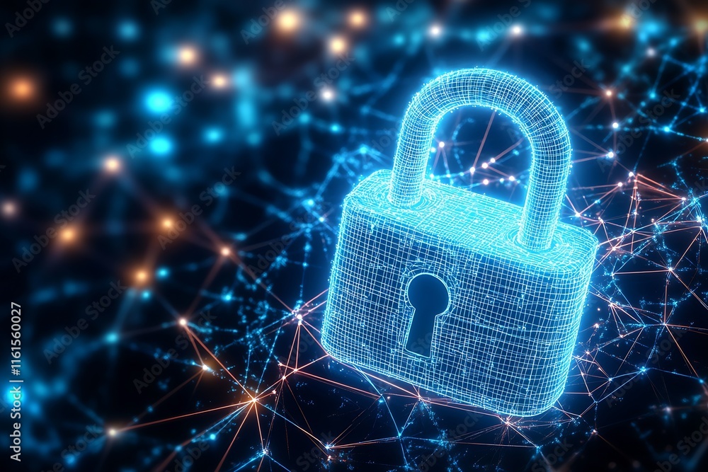 Poster Advanced Cybersecurity with Illuminated blue padlock on a digital network : Generative AI