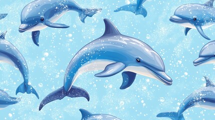 Obraz premium Seamless pattern of playful dolphins leaping in ocean water, bubbles.