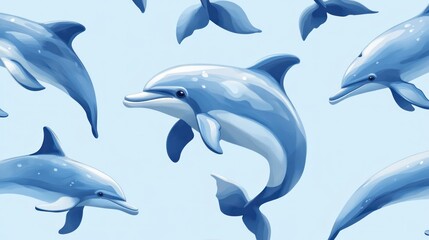 Fototapeta premium Seamless pattern of playful dolphins swimming in ocean.