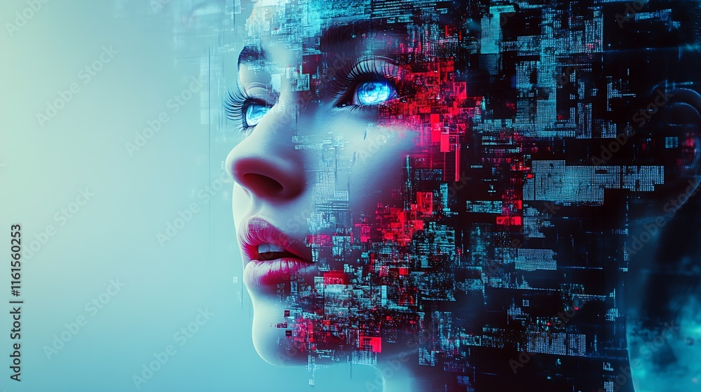 Aufkleber digital art of woman facing forward with holographic visual effects : generative ai