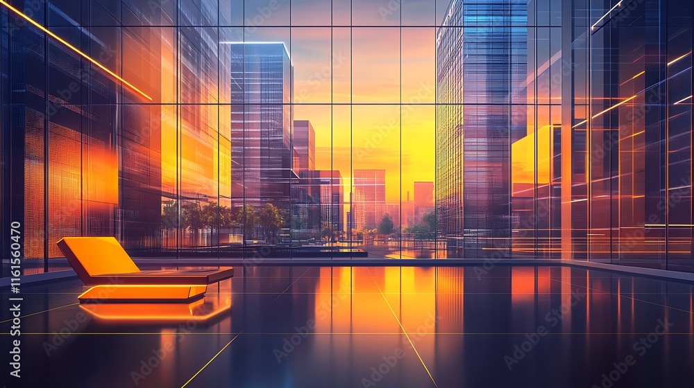 Poster sleek modern lounge with neon skyline and glass architecture : generative ai