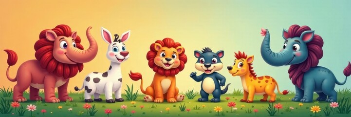 Cartoon animal vector illustration set with diverse big animals in colorful backgrounds , wildlife, nature