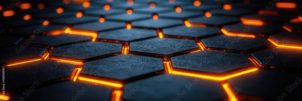 Poster a close-up view of a hexagonal pattern with glowing orange lines on a dark surface.
