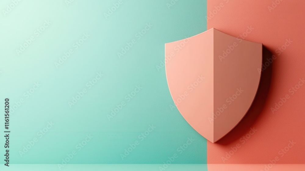 Poster a minimalist shield is displayed against a split background of soft teal and coral, symbolizing prot