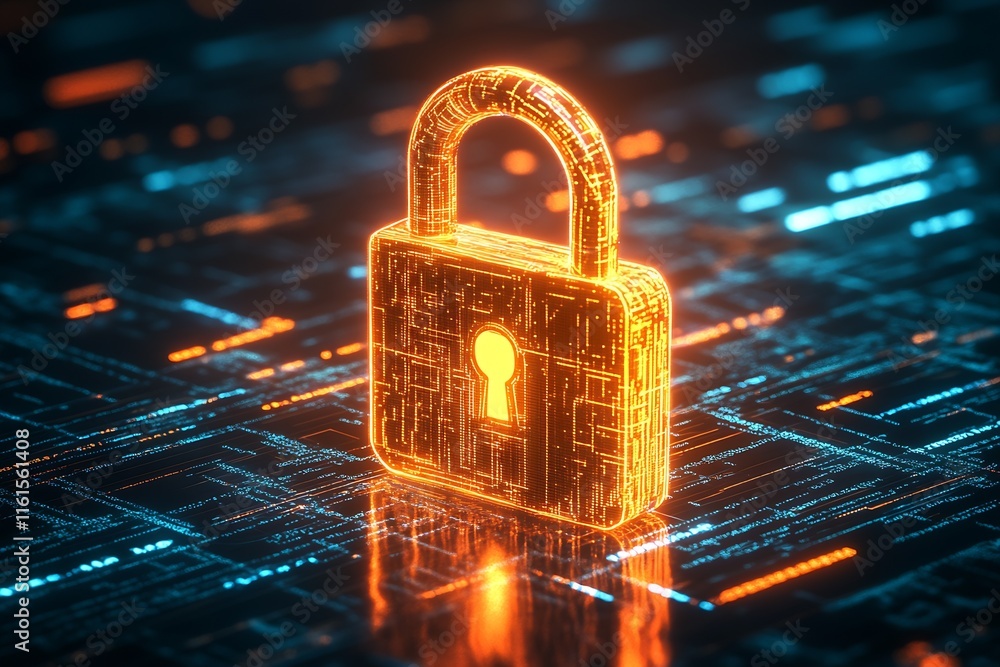 Aufkleber glowing orange padlock illustrating cybersecurity on digital network : generative ai