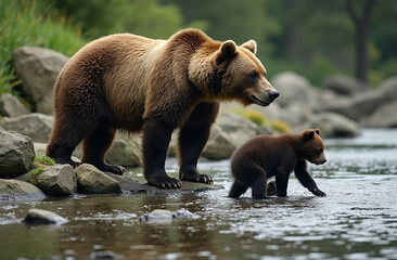 A mother bear standing on a rocky stream edge, her cub playing, river fishing, hunting fish, salmon, maternity, motherhood, wildlife