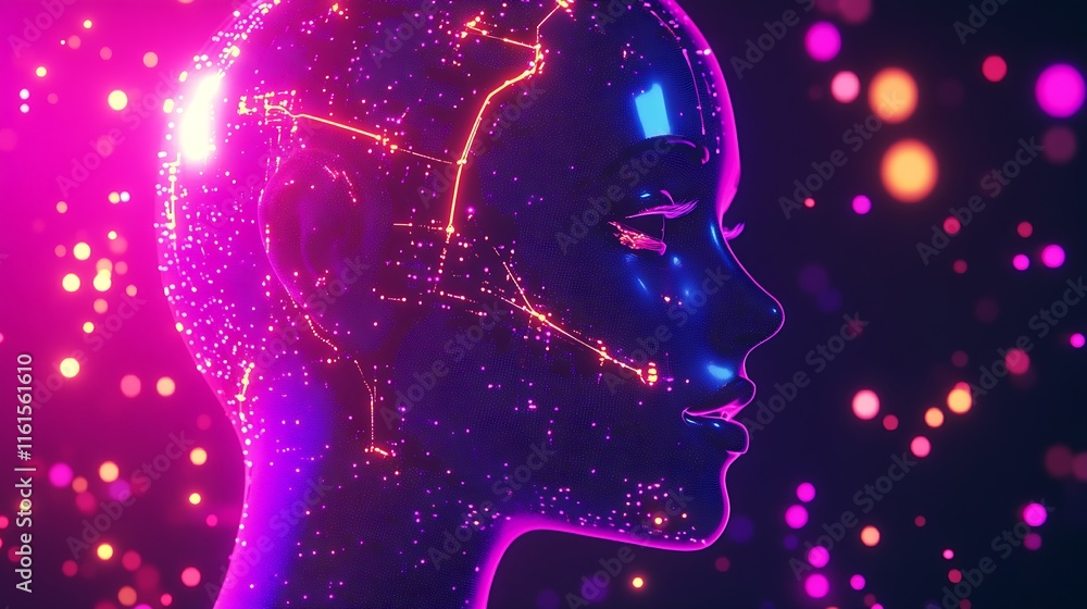 Poster futuristic neon head with dynamic circuits and shimmering light effects : generative ai