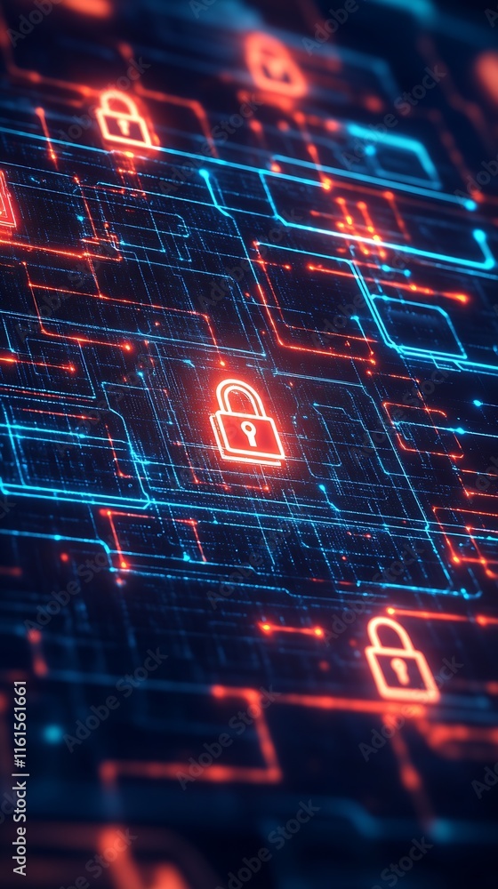 Poster Futuristic Cybersecurity Lock Pattern with Glowing Red Security Icons : Generative AI