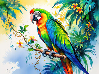 Fototapeta premium Macaw sitting on a branch . Beautiful colorful parrot in nature habitat with sunset background.Oil painting 