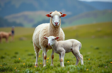 Obraz premium A sheep mother standing protectively over her lamb in meadow, green hills in the background, motherhood, maternity, animals