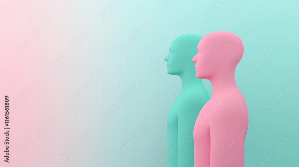 Poster two abstract humanoid figures in pastel colors stand side by side against a soft gradient background