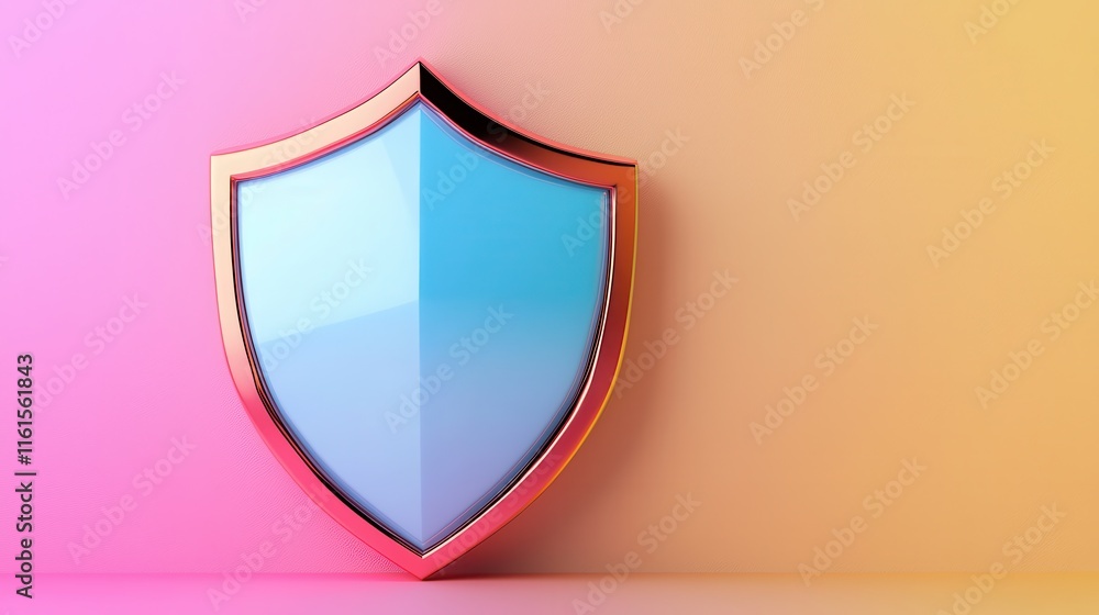 Poster a stylized shield with a gradient color scheme, set against a soft, colorful background, representin