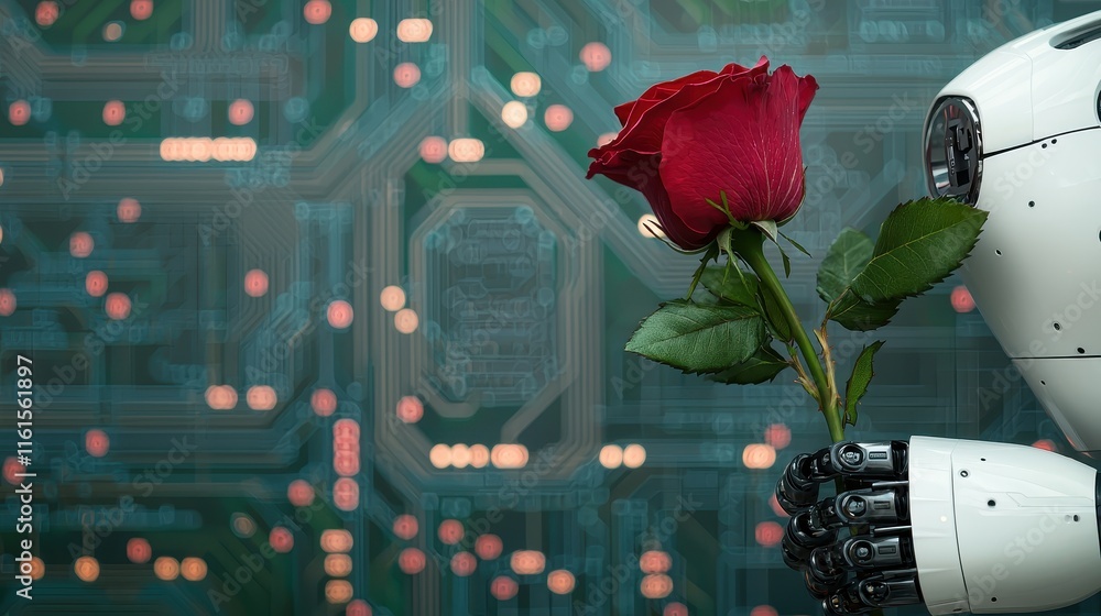 Aufkleber a robot holding a red rose against a circuit board background, symbolizing the intersection of techn