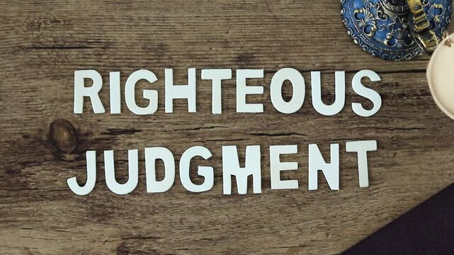 Righteous judgment wooden text on rustic background with ancient balance scale. Top view. Close-up. Biblical concept of Christian law, justice, and salvation by God Jesus Christ.