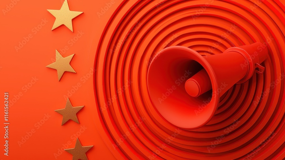 Poster a vibrant red background features a megaphone and golden stars, creating a bold visual statement abo