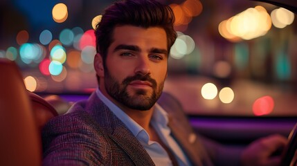 Obraz premium Fashionable vogue shooting of a man sitting in a car in street style clothes, purple