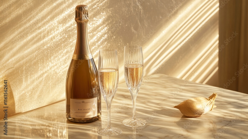 Poster premium champagne bottle with two crystal flutes on a marble surface illuminated by warm light in an