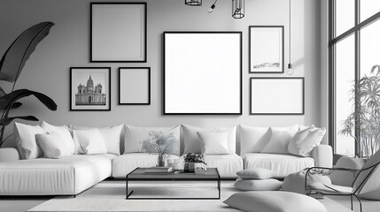 Stylish Living Room with White Sofa and Black Framed Art in Bright Interior Setting : Generative AI
