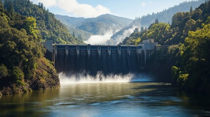 Majestic Dam Overlooking Serene Lake in Lush Green Mountains: A Breathtaking View of Nature's Power and Engineering Marvel