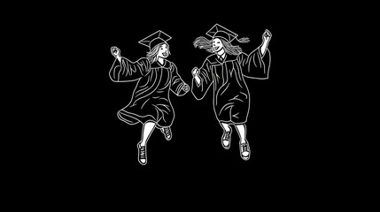 Fototapeta premium Two female graduates joyfully leap, holding hands, celebrating graduation.