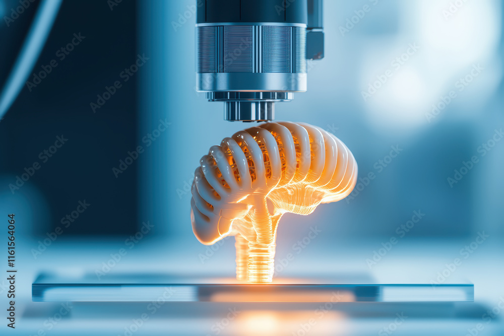 Poster close up of 3d bioprinter creating artificial brain model, showcasing advanced technology and innova