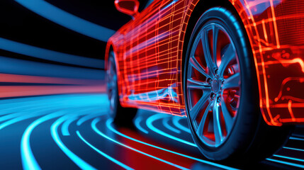 close up view of car showcasing collision detection technology with vibrant red and blue lines, emphasizing speed and innovation