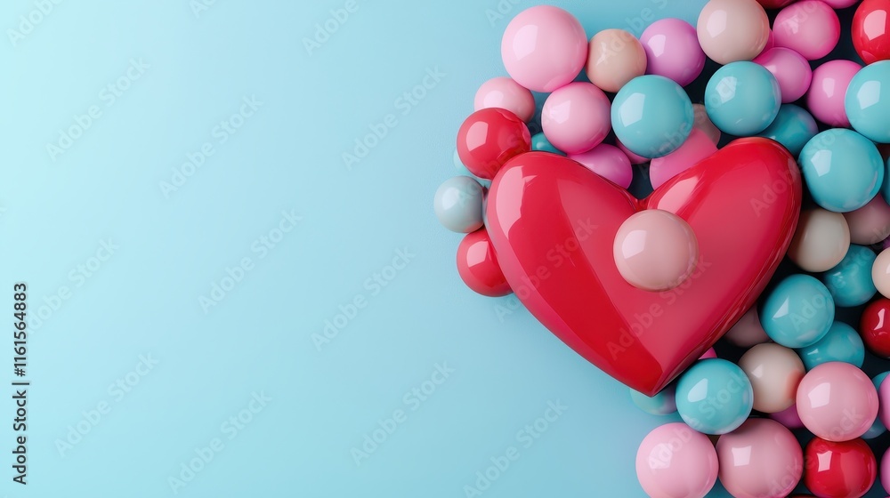 Poster a vibrant heart shape surrounded by colorful spheres, creating a playful and affectionate design aga