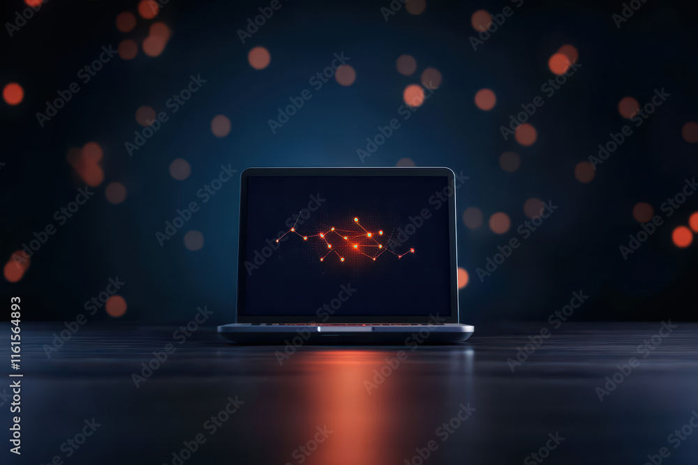 Poster laptop displaying glowing network design on screen, surrounded by soft bokeh lights, creates modern 