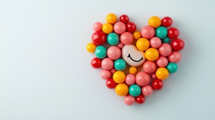 Obraz premium A colorful heart shape made of small balls, with a smiling face in the center, symbolizes joy and love against a soft blue background.