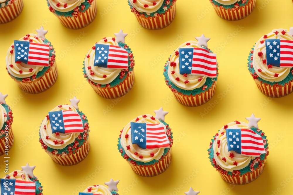 Poster pattern of festive cupcakes with american flags on a bright yellow surface for celebrations and gath