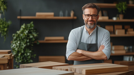 smiling man in apron stands confidently in workshop filled with wooden furniture. His friendly demeanor and warm atmosphere create welcoming environment.