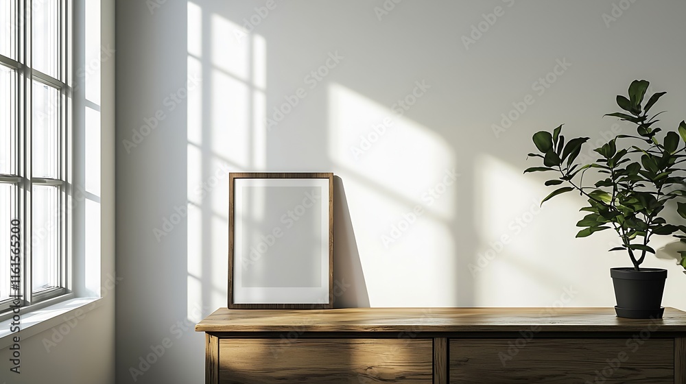 Poster modern minimalist interior with empty frame and sunlit shadows on white wall : generative ai