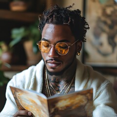 Man  reading a medical brochure, raising awareness about chronic skin condition