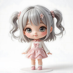 Adorable Gray Haired Doll Pink Dress Cute Style 3D Render