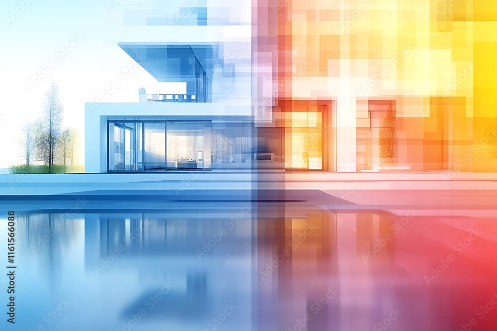 Aufkleber Sleek Modern Building with Split Color Design and Smooth Reflective Surfaces in a Tranquil Surrounding : Generative AI