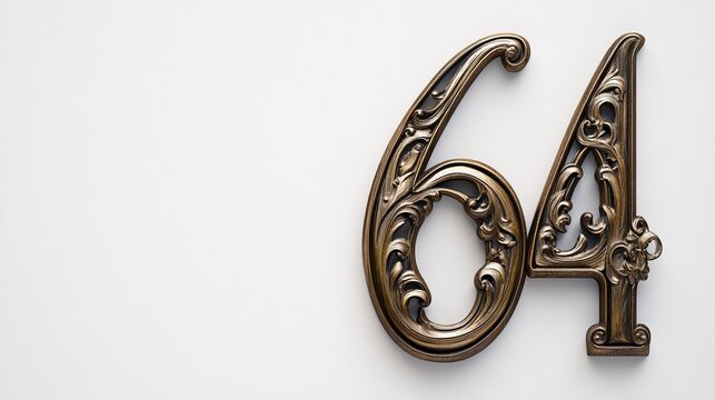 Ornate bronze number sixty-four on white.