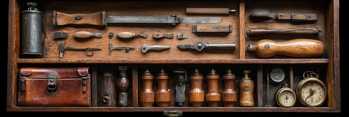 A collection of vintage tools and instruments organized in a wooden drawer.