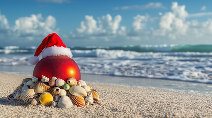 Christmas ornament on sandy beach with seashells, festive shores