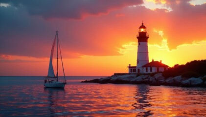 Lighthouse at sunset with a sailboat in the foreground, beach, wooden, boat