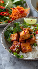 Sweet and spicy fried tofu garnished with lime zest, chili, and fresh herbs