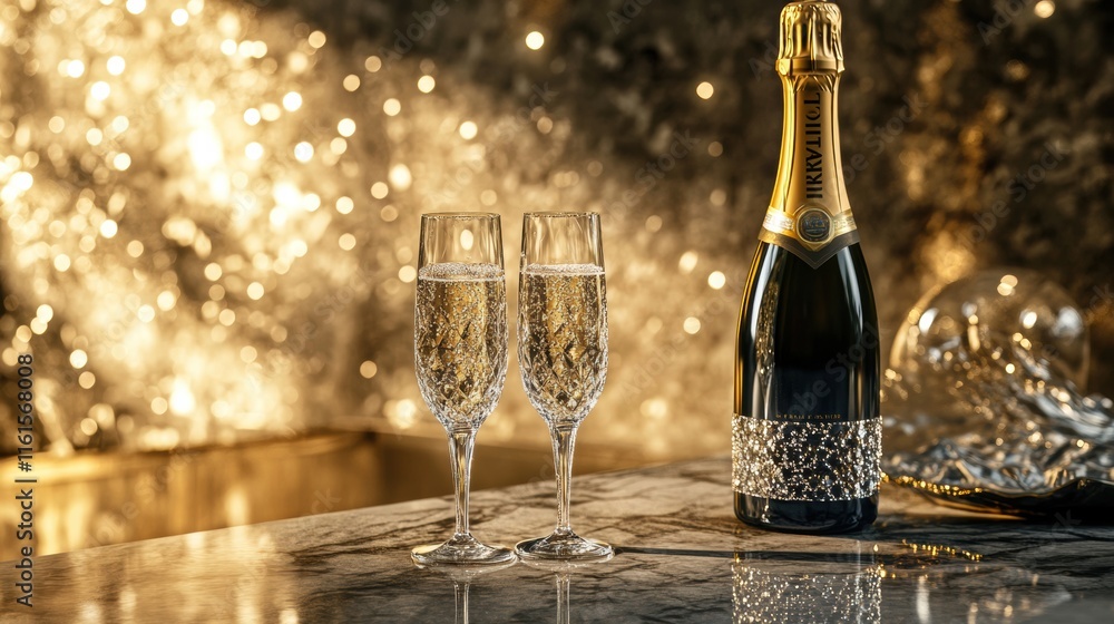 Poster premium champagne bottle accompanied by two elegant crystal flutes in a luxurious setting with spark