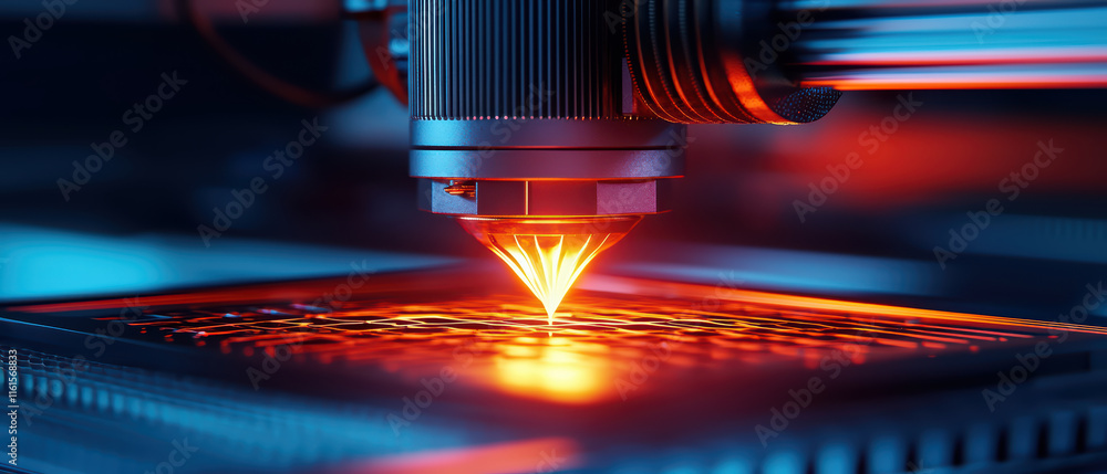 Poster close up of large 3d printer nozzle creating intricate designs with glowing filament. vibrant colors