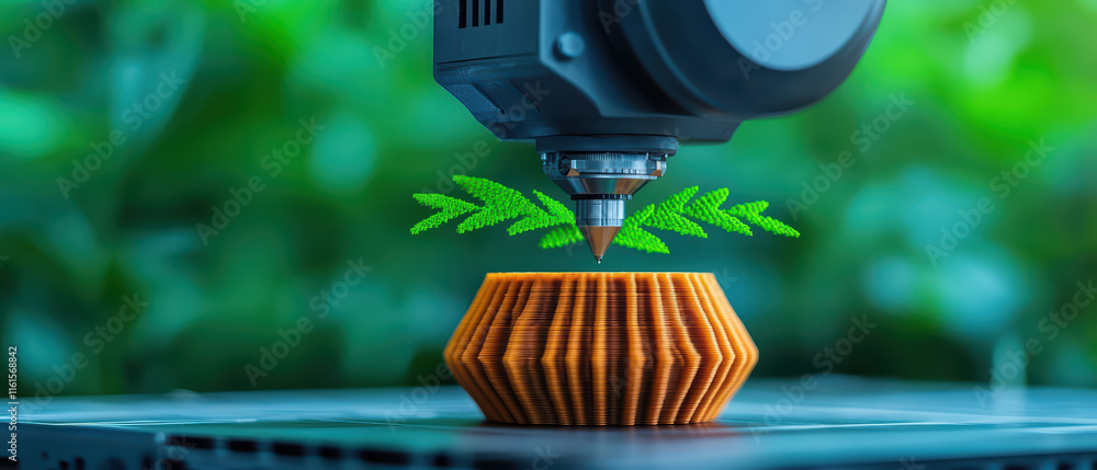 Poster close up of large 3d printer creating detailed orange object with green leaves, showcasing advanced 