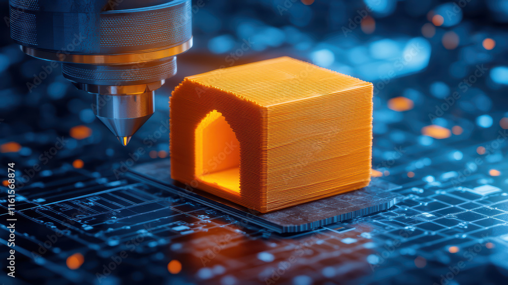Poster close up of massive 3d printer creating orange cube structure on circuit board, showcasing advanced 