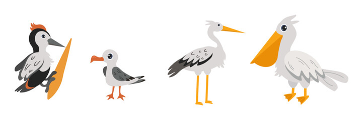 Obraz premium Colorful cartoon birds in various poses on a white background